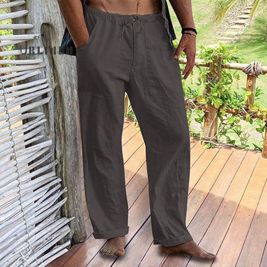 Men's Linen Elastic Waist Drawstring Pocket Loose Casual Pants