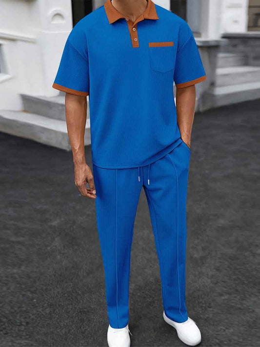 Men's Waffle Lapel Colorblock Short Sleeves Long Pants Two-piece Casual Suit