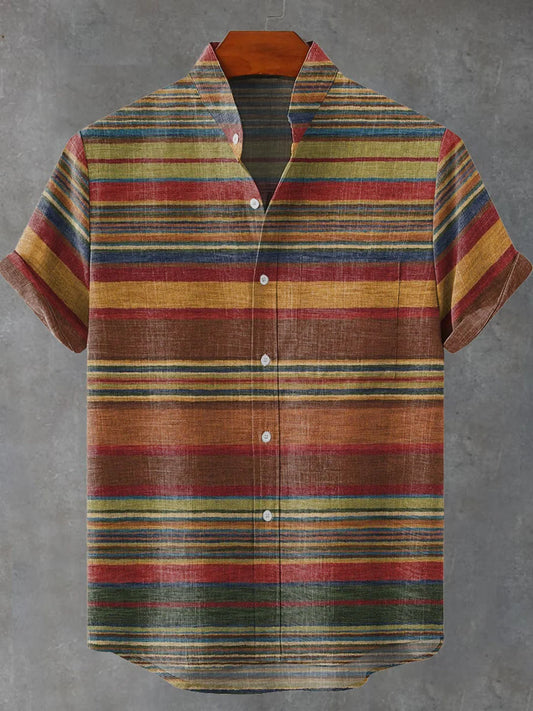 Colorful Horizontal Stripes Decorative Pattern Casual Cotton And Linen Shirt