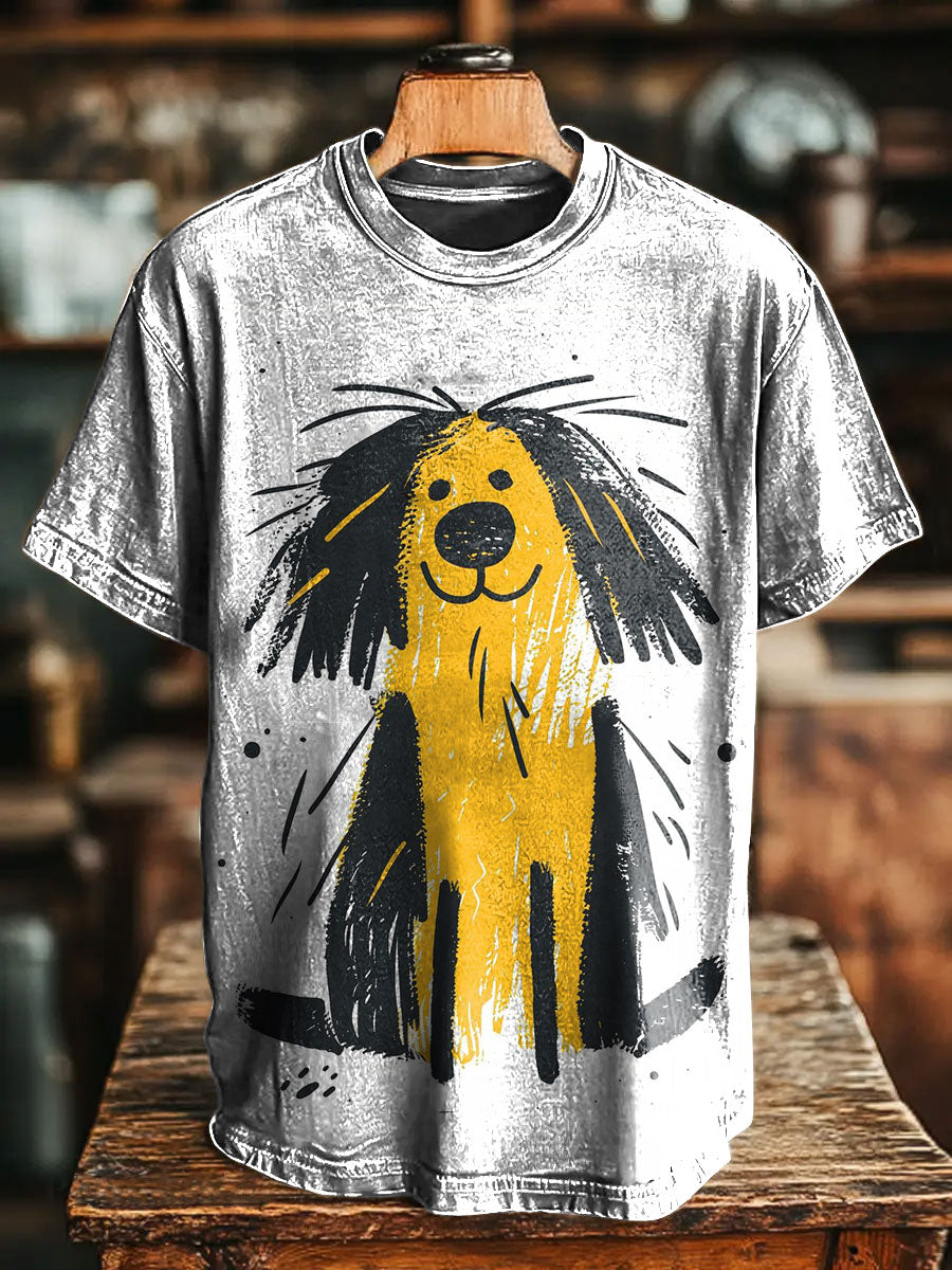 Cute Animal Graffiti Puppy Dog Pattern Artistic Vintage Print Casual T-shirt