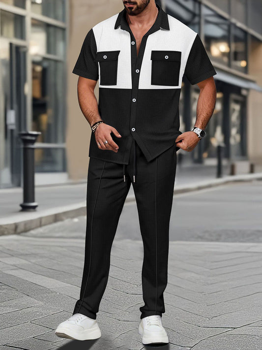 Men's Waffle Button Pockets Colorblock Short Sleeves Shirt and Pants Two-piece Suit