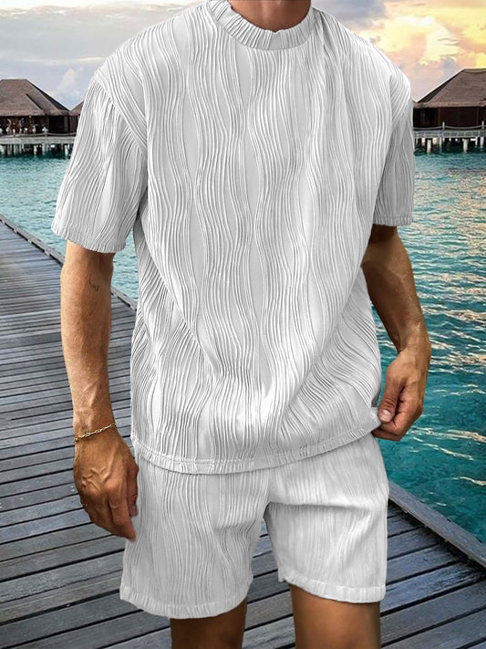Men's Pleated Two-piece Texture Holiday Casual T-shirt Shorts Set