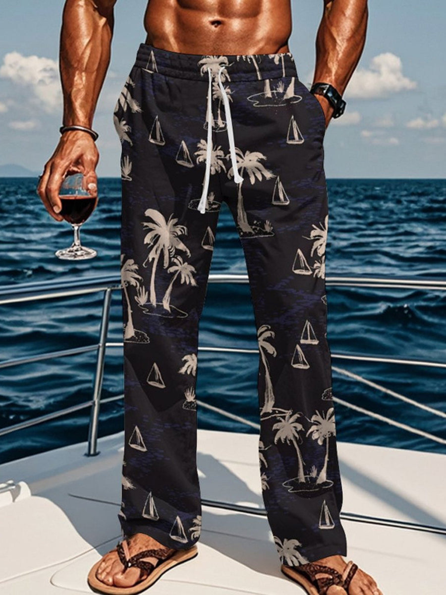 Men's Vacation Palm Tree Print Comfy 100% Cotton Pants