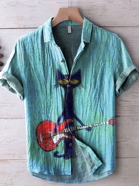 Retro Guitar Cat Art Print Casual Short Sleeve T-shirt