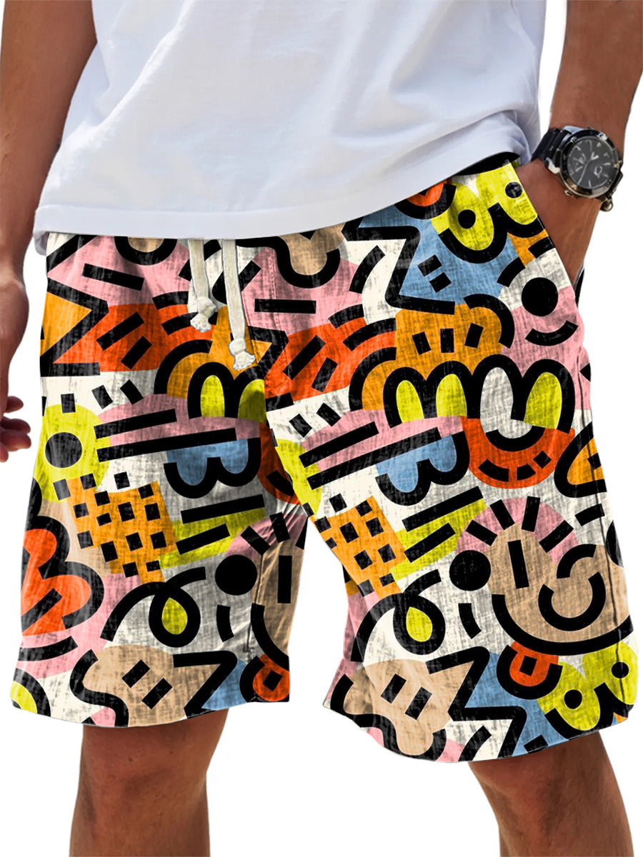 Men's Hip Hop Abstract Graffiti Print Cotton And Linen Beach Shorts
