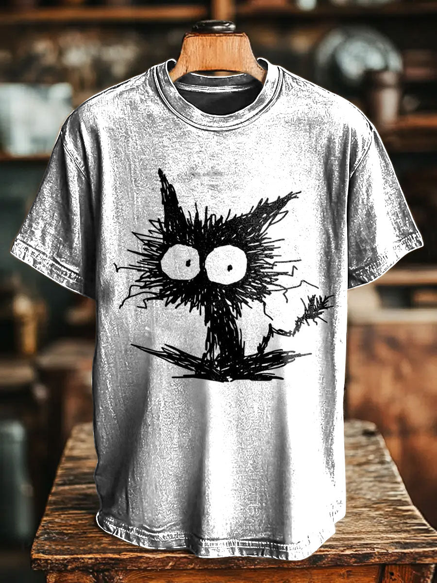 Abstract Black Cat Print Casual Short Sleeve T-shirt