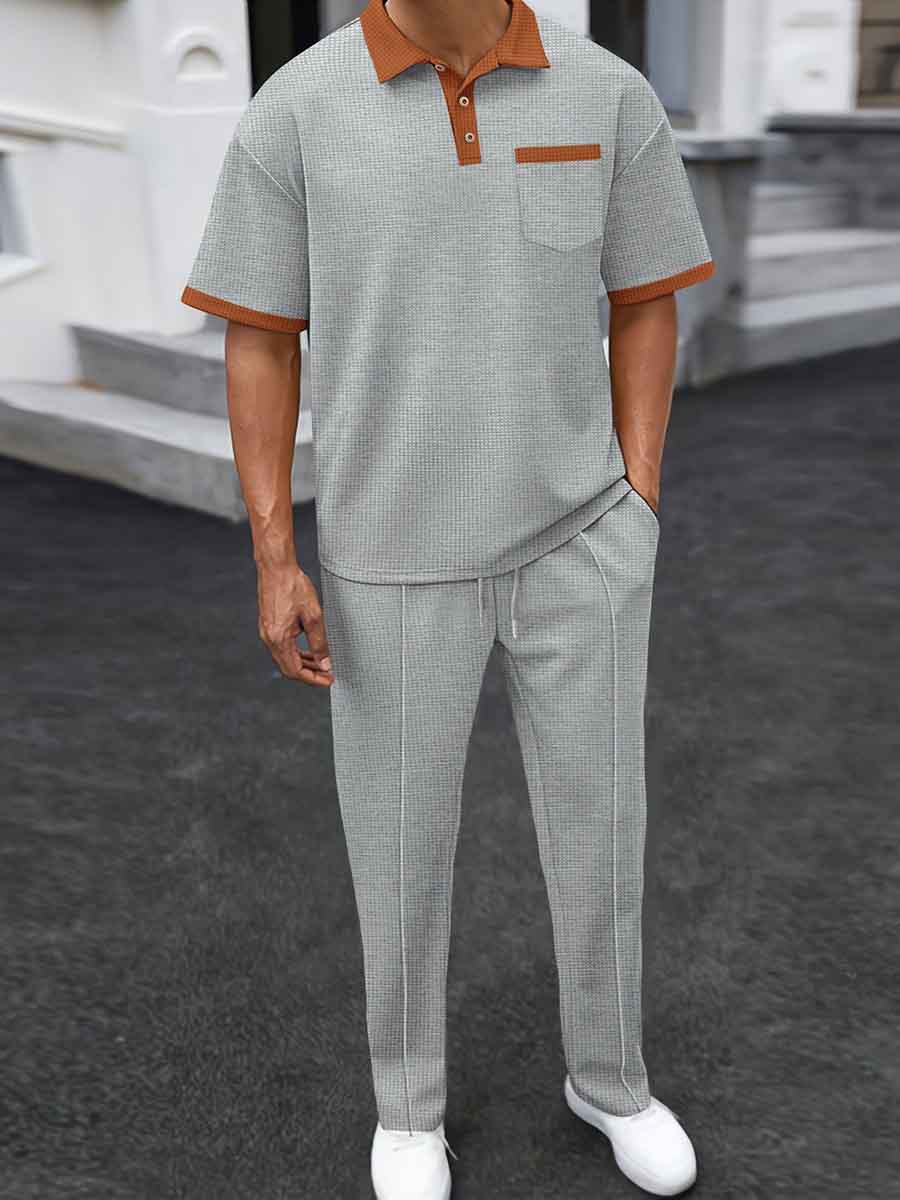 Men's Waffle Lapel Colorblock Short Sleeves Long Pants Two-piece Casual Suit