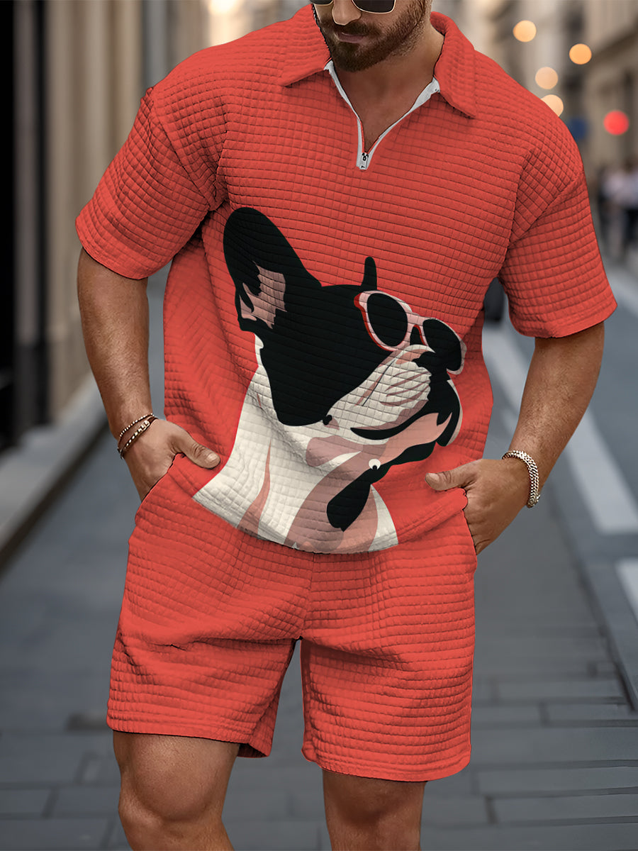 Decorative Pattern of French Bulldog Wearing Sunglasses On Red Background Short Sleeve Zipper Waffle Two-piece Set