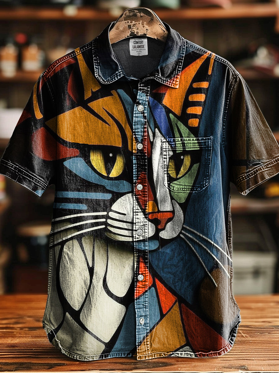 Vintage Cat Abstract Art Print Casual 100% Cotton Shirt