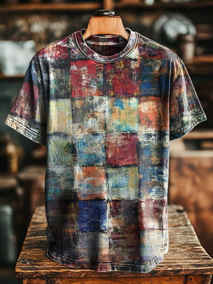 Unisex Vintage Aged Geometric Art Print Casual Loose T-Shirt