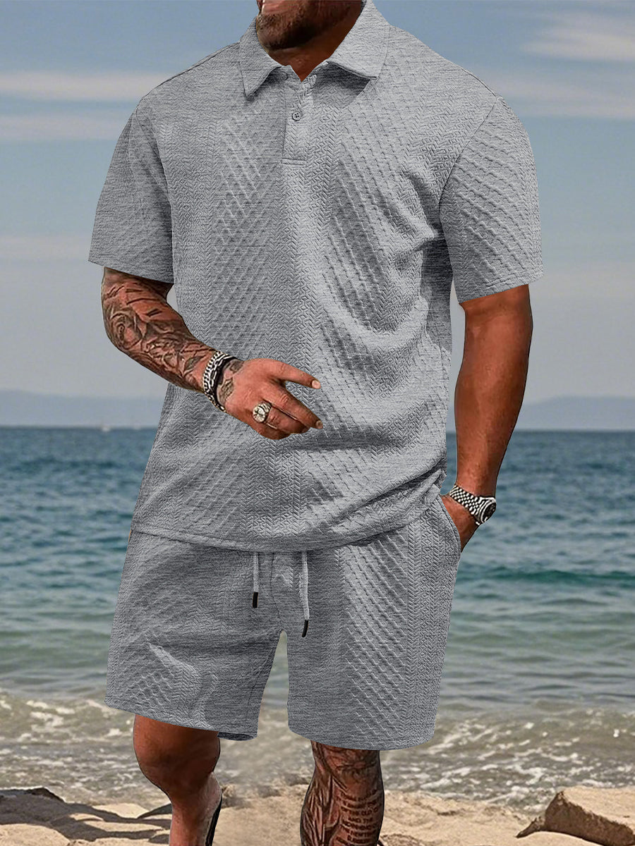 Men's Jacquard Casual Lapel Shorts Set