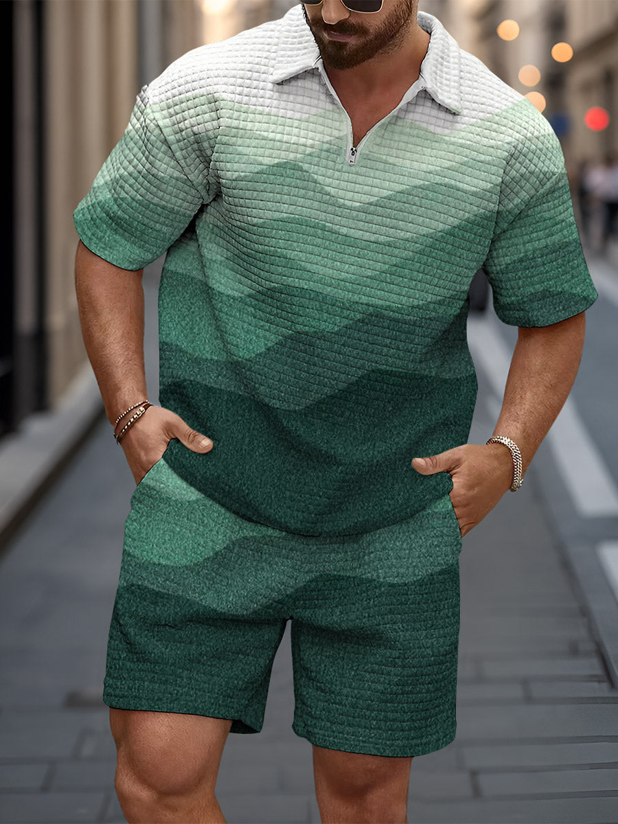 Men's Simple Gradient Abstract Art Print Short Sleeve Zipper Waffle Two-piece Set