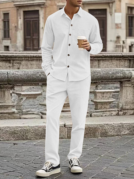 Men's Corduroy Casual Lapel Button Shirt Long Sleeve Pants Set