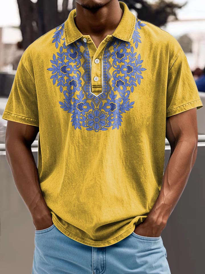 Purple Flower Collar Decoration Pattern Casual Cotton Polo