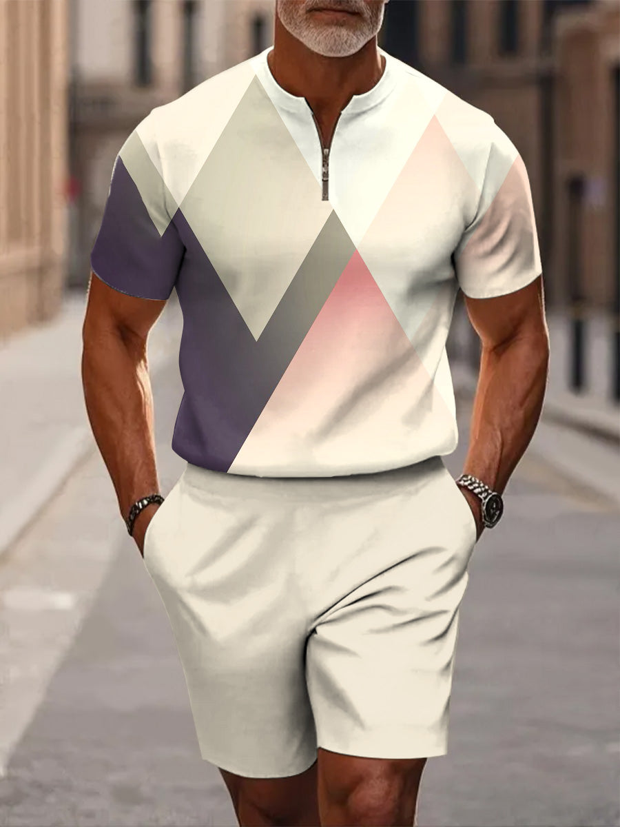 Men's Casual Abstract Geometric Print Short Sleeve Zipper Two-piece Set