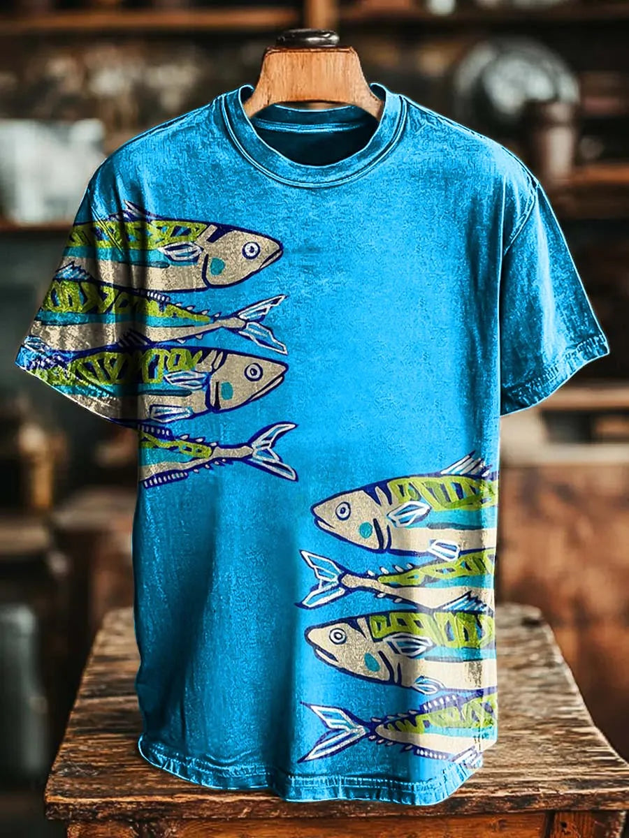 Men's Blue Ocean Sardines Print Cotton And Linen Beach Shorts