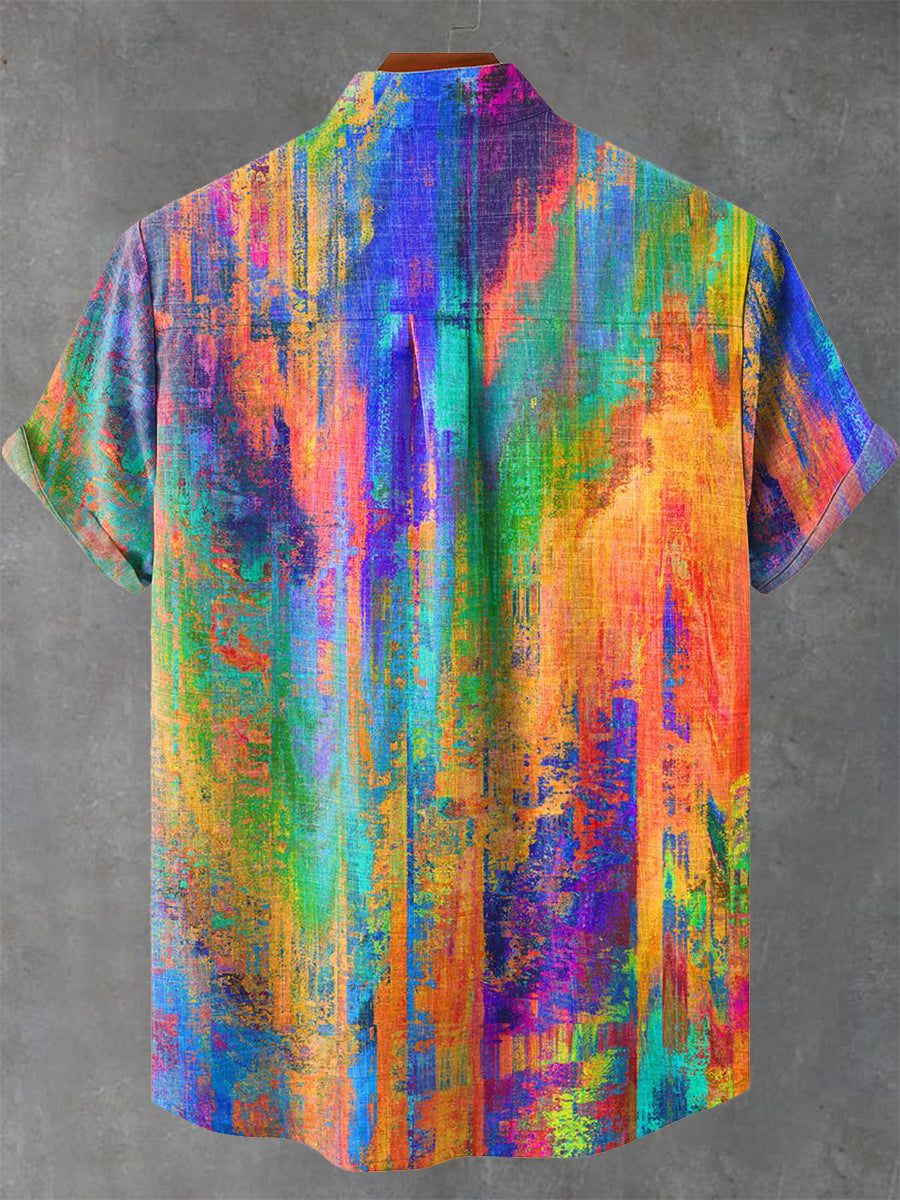 Vintage Rainbow Mottled Art Cat Print Casual 100% Cotton Shirt