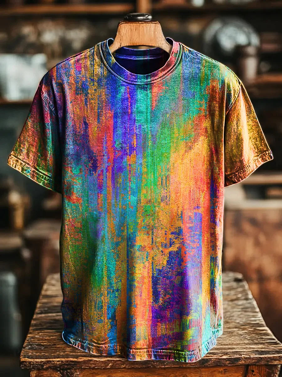 Men's Vintage Rainbow Mottled Print Cotton And Linen Beach Shorts