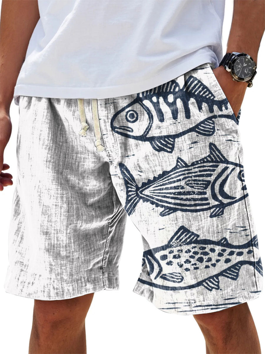 Men's Blue Fish Art Print Cotton And Linen Beach Shorts