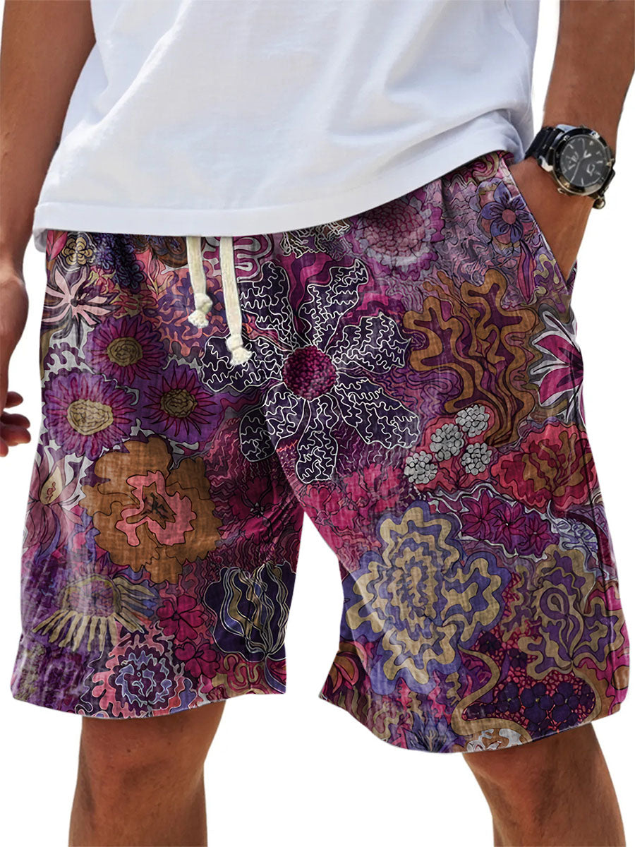 Men's Vintage Flowers Print Cotton And Linen Beach Shorts