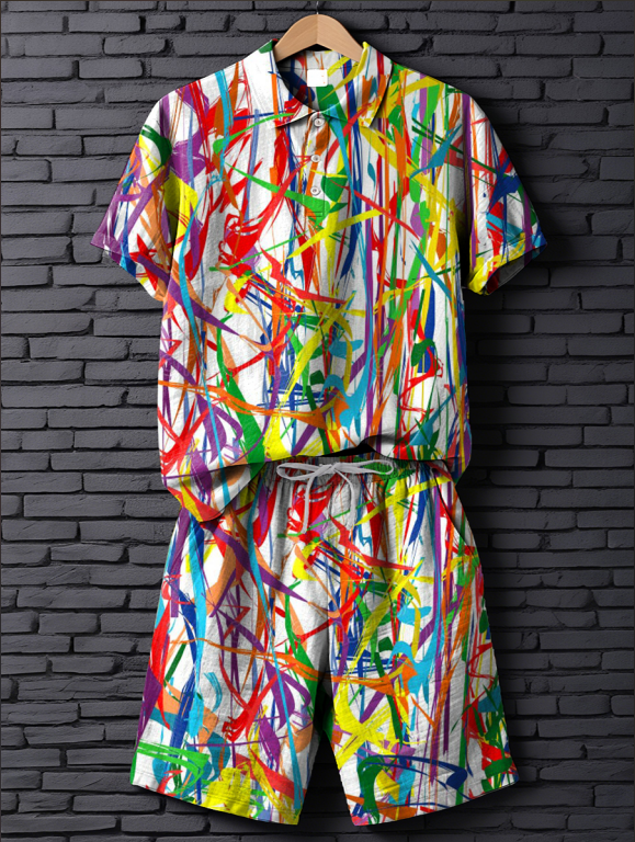 Men's Multicolor Line Art Print Short Sleeve Casual Cotton Polo Shirt Two-piece Set