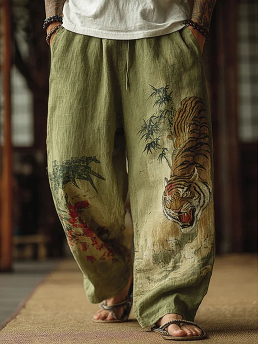Men's Vintage Painting Tiger Art Print Comfy 100% Cotton Pants