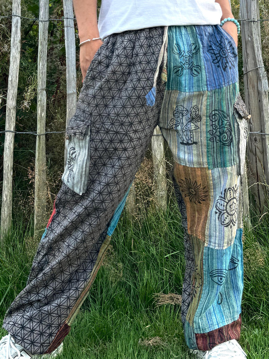 Men's Retro Hippie Patchwork Flowers Print Comfy 100% Cotton Pants