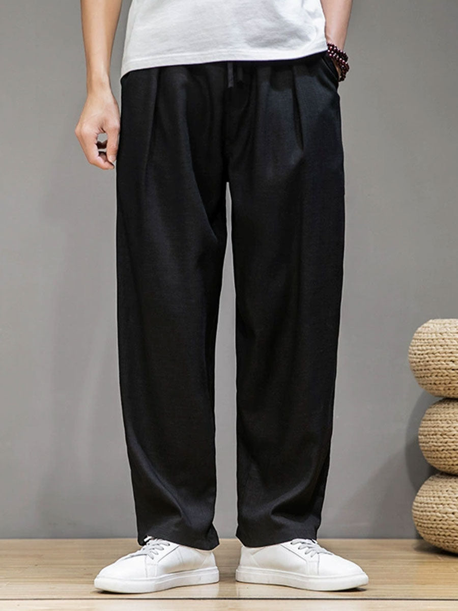 Men's Cotton Linen Plain Elastic Drawstring Waist Wide Leg Pants
