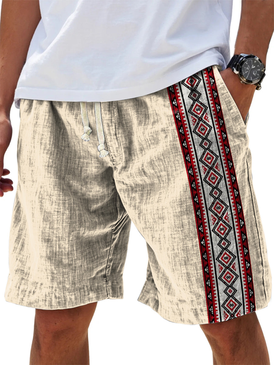 Men's Retro Ethnic Stripes Print Cotton And Linen Beach Shorts