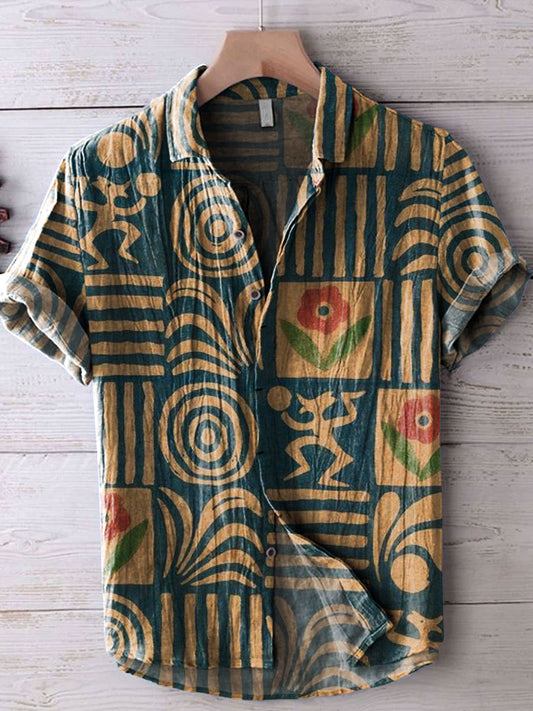 Retro Art Ethnic Floral Pattern Lines Print 100% Cotton Denim Shirt