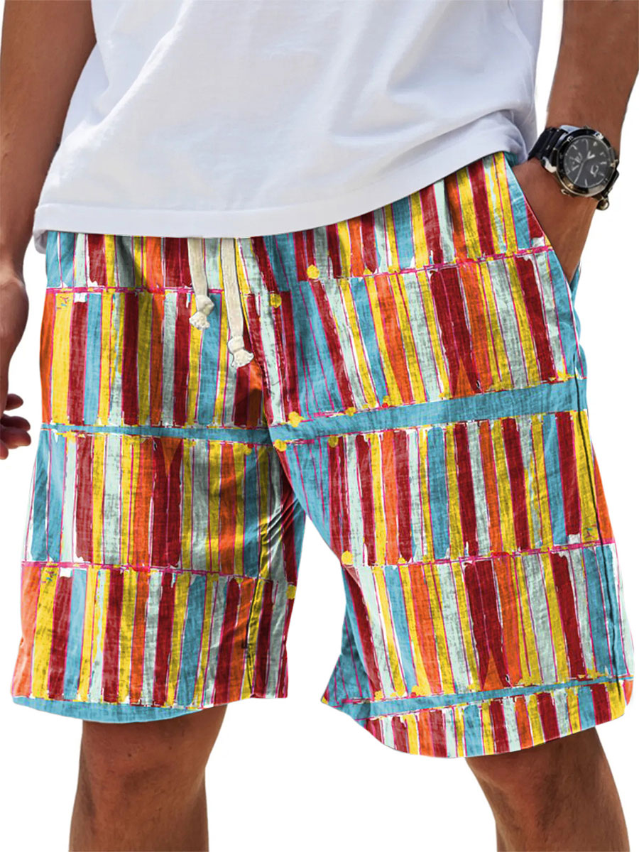 Men's Color Splicing Print Cotton And Linen Beach Shorts