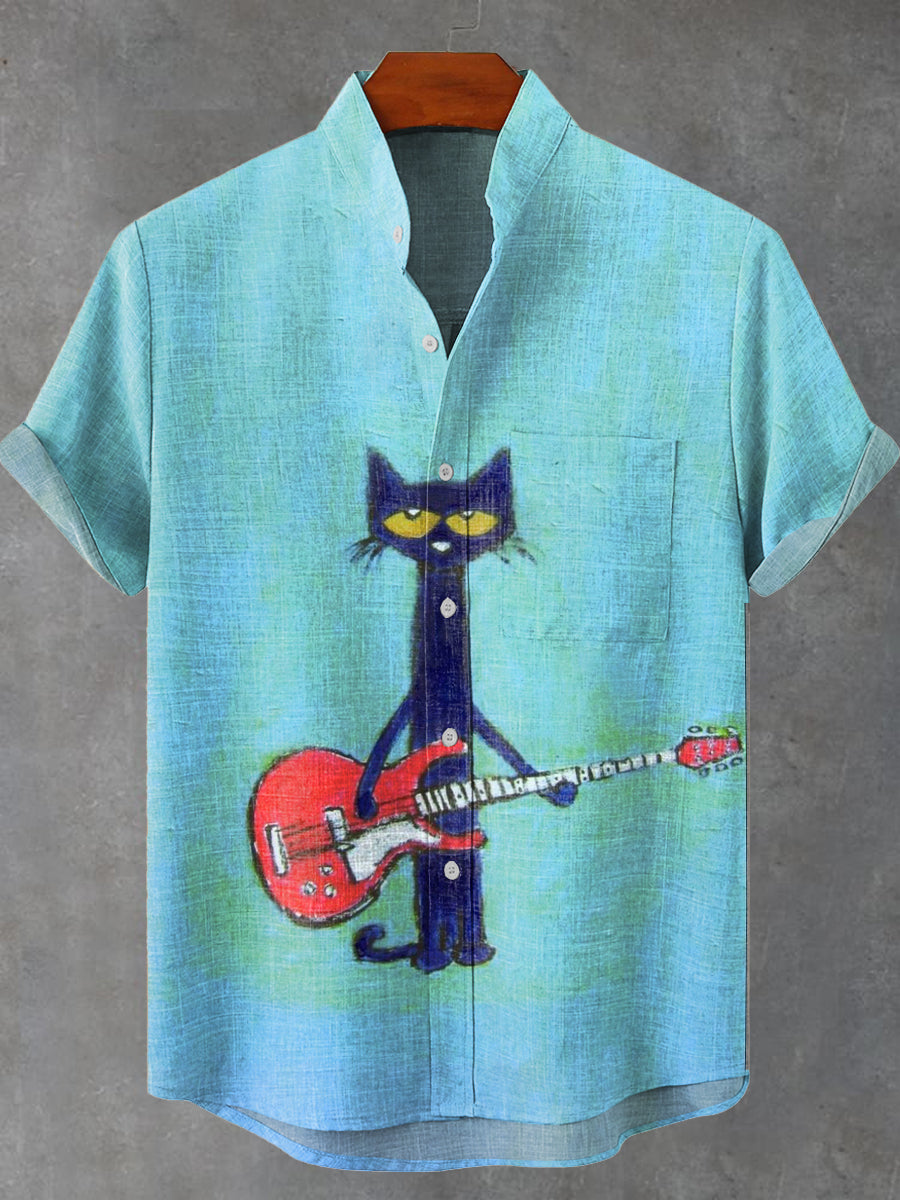 Retro Guitar Cat Art Print Casual Short Sleeve T-shirt
