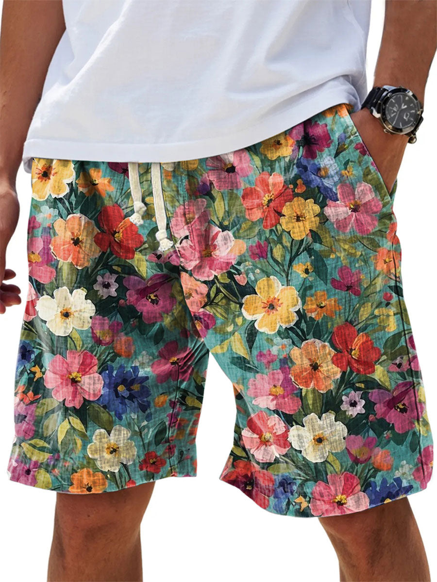 Men's Floral Print Cotton And Linen Beach Shorts
