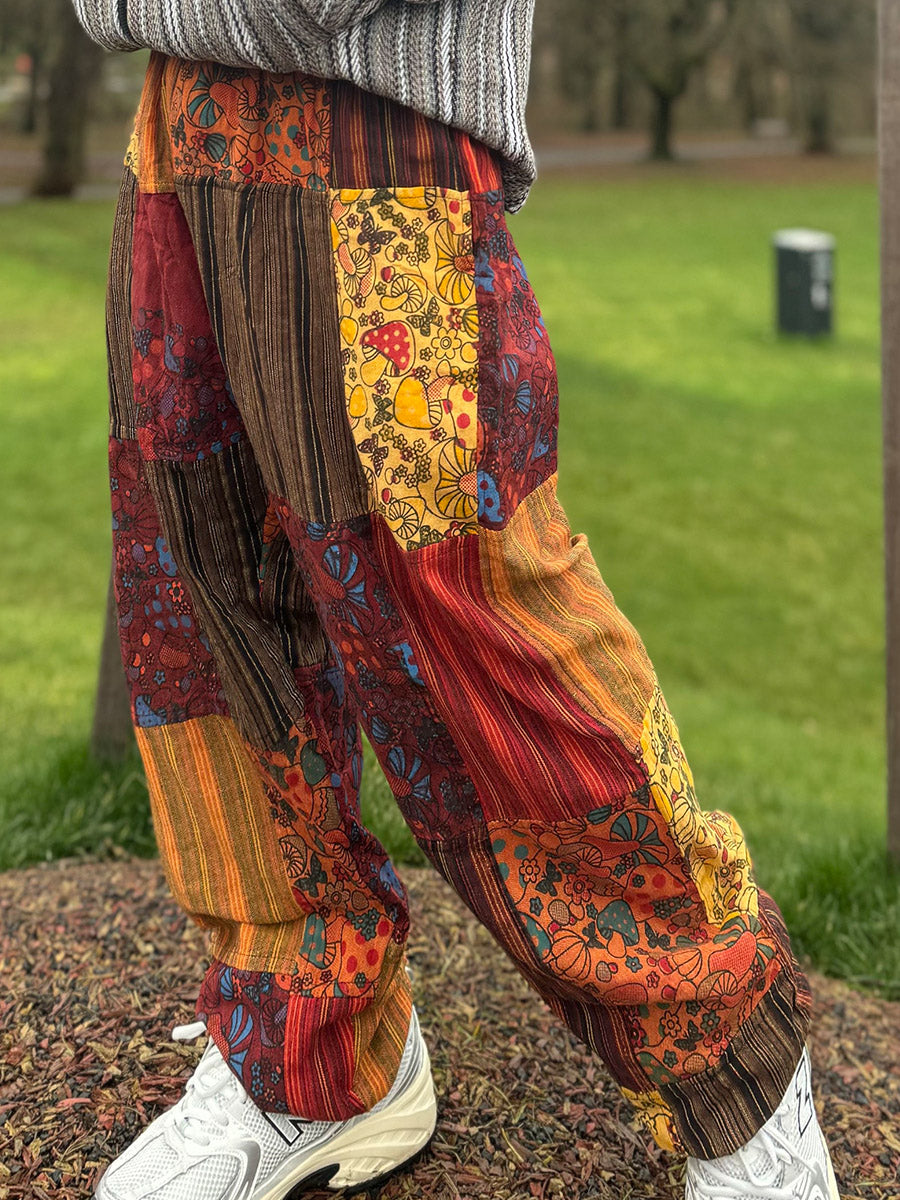 Men's Retro Hippie Patchwork Flowers Print Comfy 100% Cotton Pants