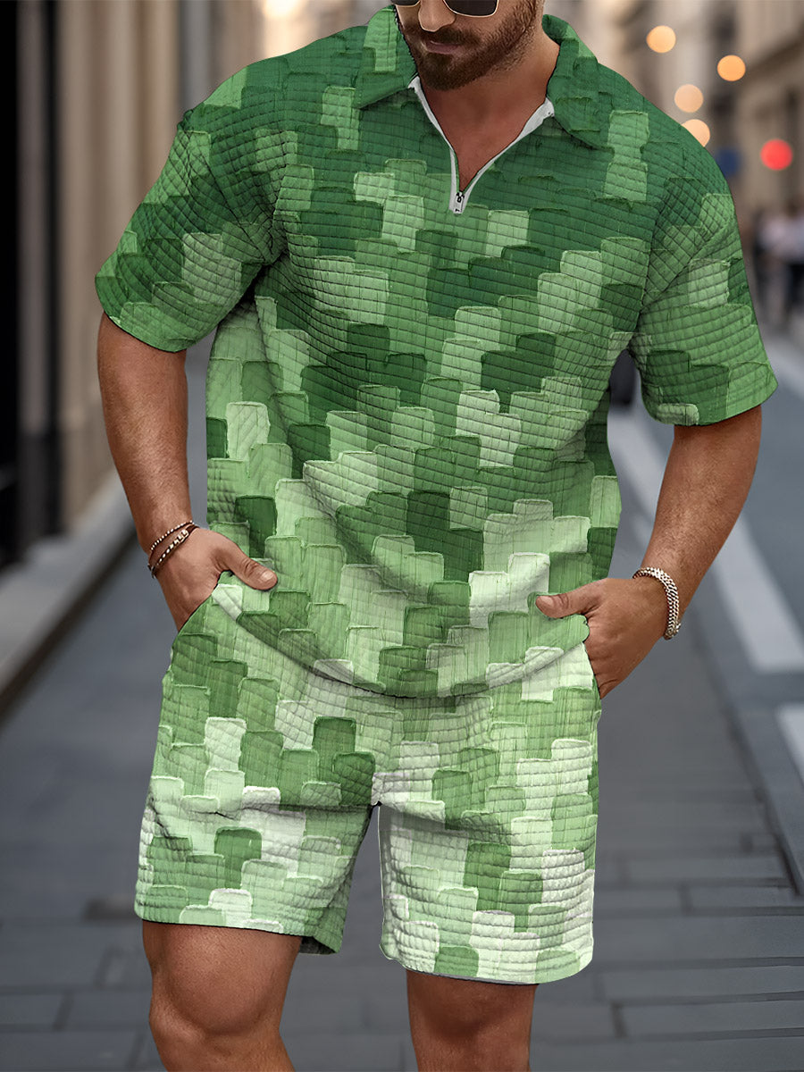 Men's Simple Painting Gradient Abstract Art Print Short Sleeve Zipper Waffle Two-piece Set