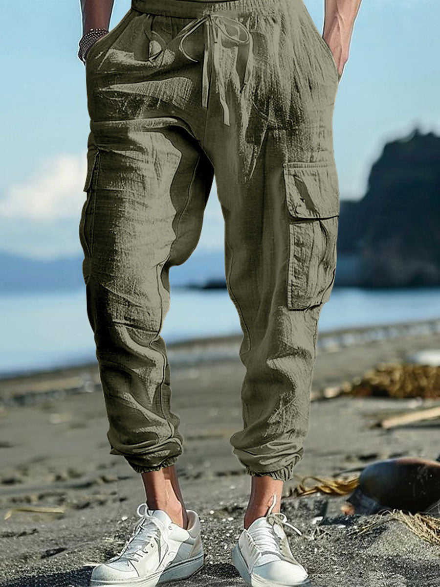Men's Casual Multiple Pockets Drawstring Solid Color Cotton and Linen Work Pants