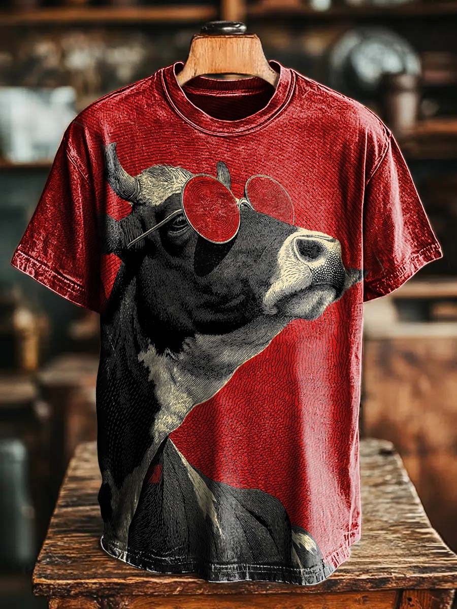Vintage Cow Wearing Sunglasses Red Art T-shirt