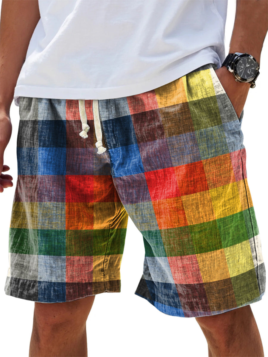 Men's Colored Lattice Print Cotton And Linen Beach Shorts