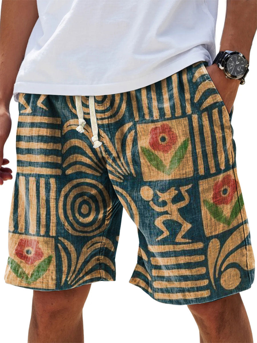 Retro Art Ethnic Floral Pattern Lines Print 100% Cotton Denim Shirt