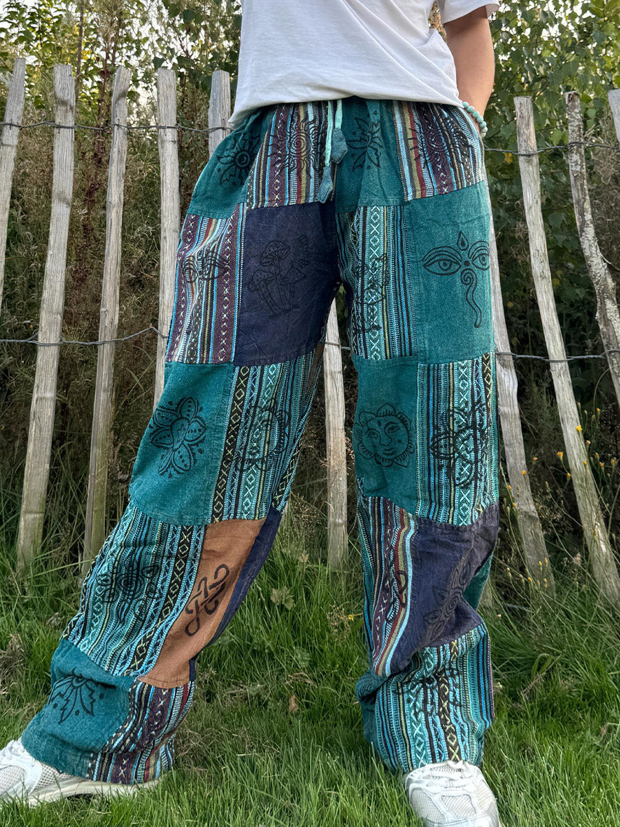 Men's Retro Hippie Patchwork Flowers Print Comfy 100% Cotton Pants