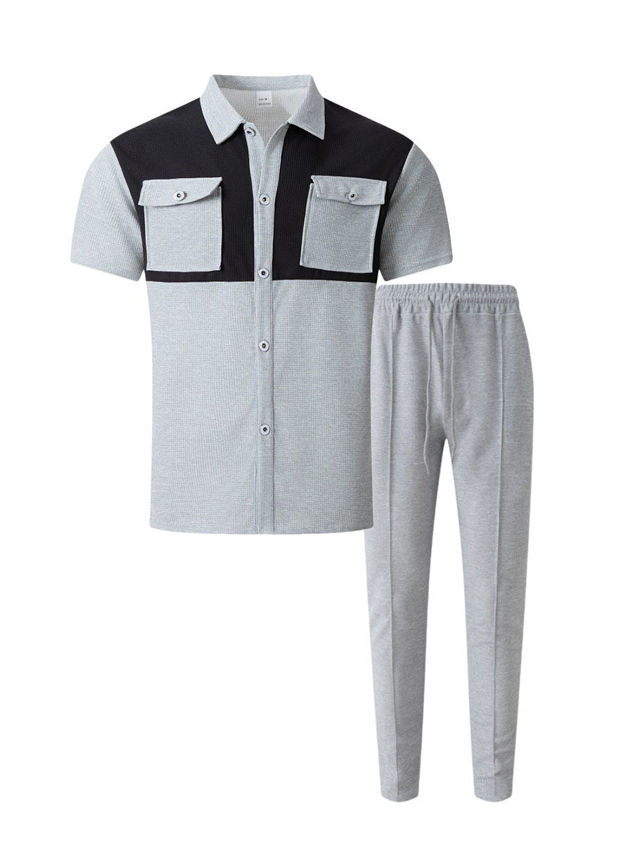 Men's Waffle Button Pockets Colorblock Short Sleeves Shirt and Pants Two-piece Suit