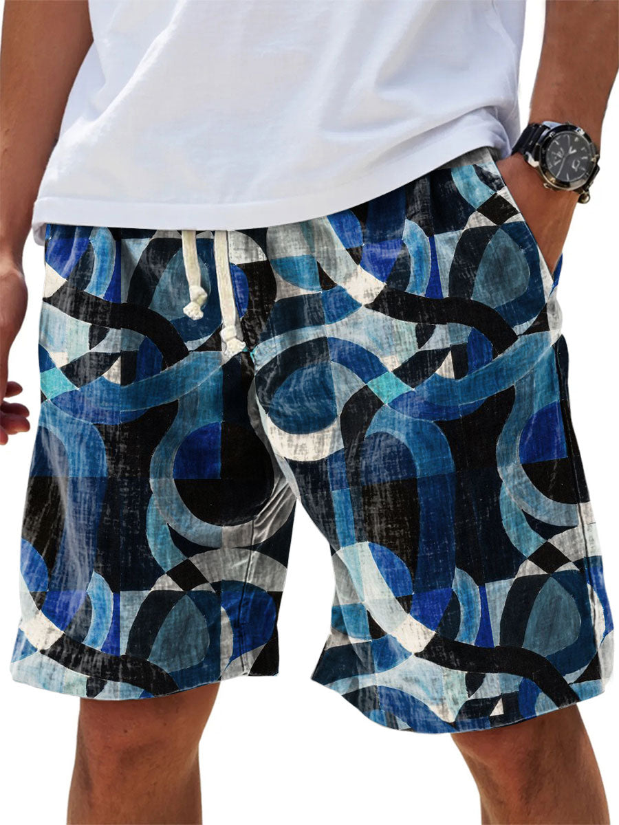 Men's Vintage Blue Geometric Pattern Print Cotton And Linen Beach Shorts