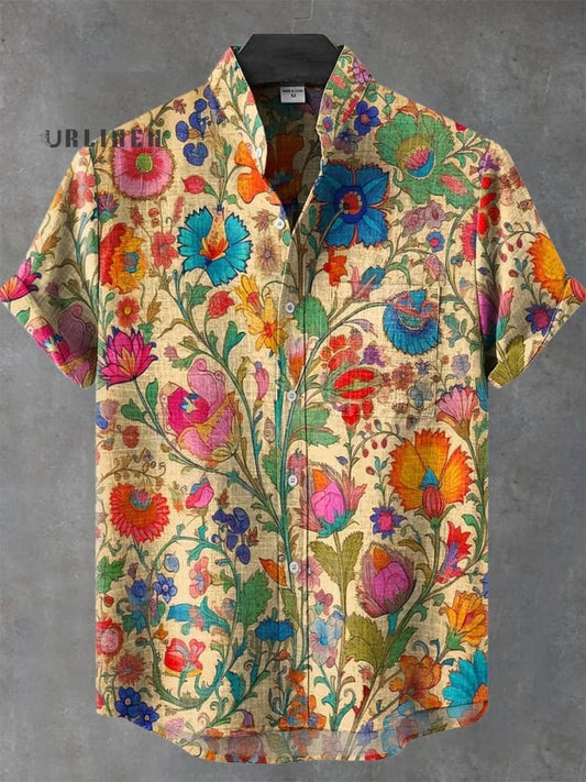 Vintage Indian Art Flowers Print Casual 100% Cotton Shirt