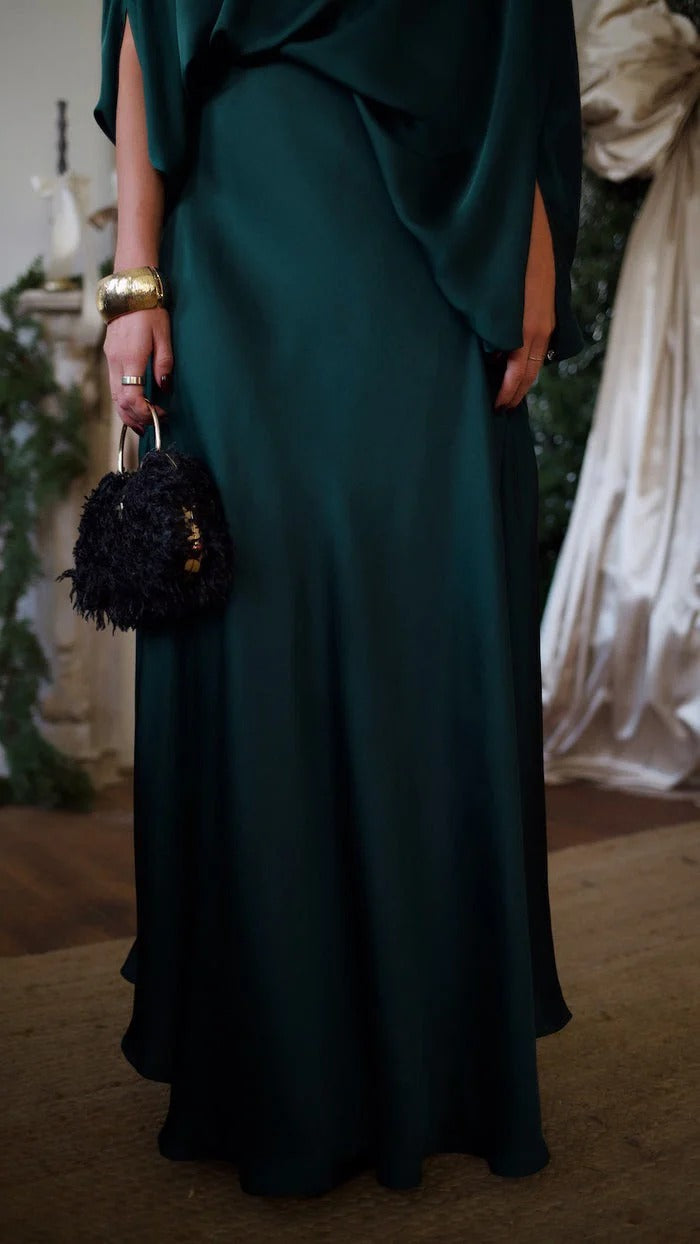 Emerald Satin Draped Off-Shoulder Top & Flowing Maxi Skirt Set