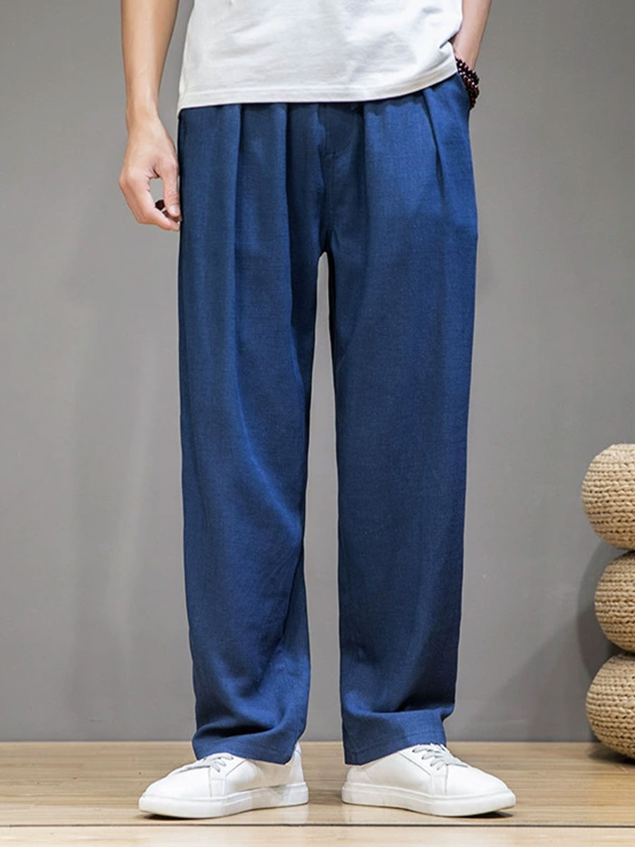 Men's Cotton Linen Plain Elastic Drawstring Waist Wide Leg Pants