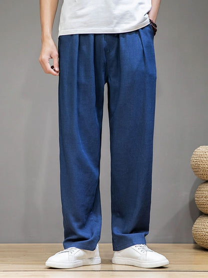Men's Cotton Linen Plain Elastic Drawstring Waist Wide Leg Pants