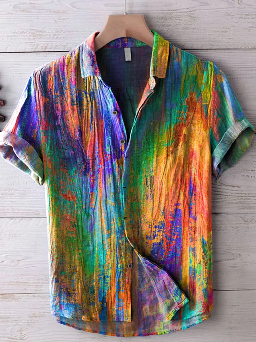 Vintage Rainbow Mottled Art Cat Print Casual 100% Cotton Shirt