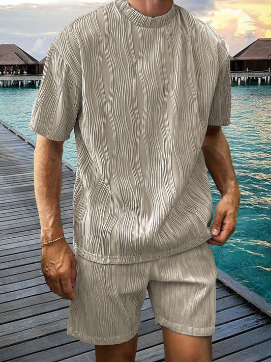 Men's Pleated Two-piece Texture Holiday Casual T-shirt Shorts Set