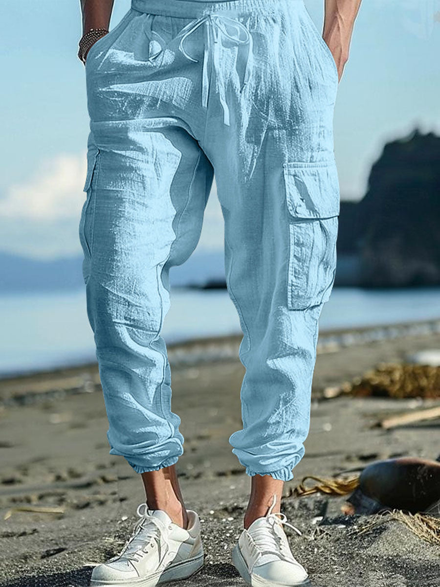 Men's Casual Multiple Pockets Drawstring Solid Color Cotton and Linen Work Pants