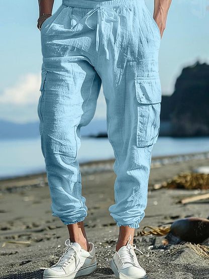 Men's Casual Multiple Pockets Drawstring Solid Color Cotton and Linen Work Pants